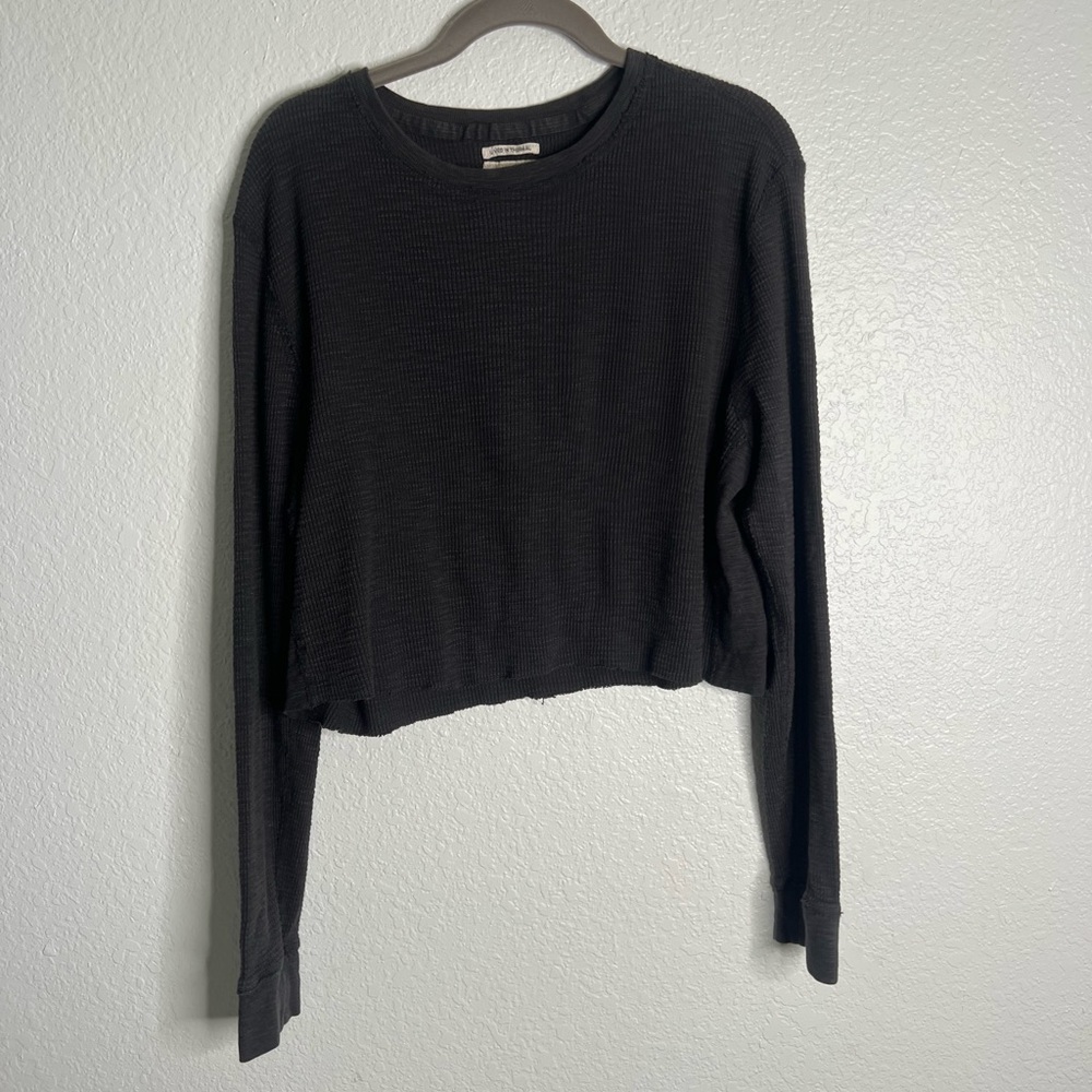 Lucky Brand Charcoal Grey Waffle Knit Cropped Long Sleeve Large